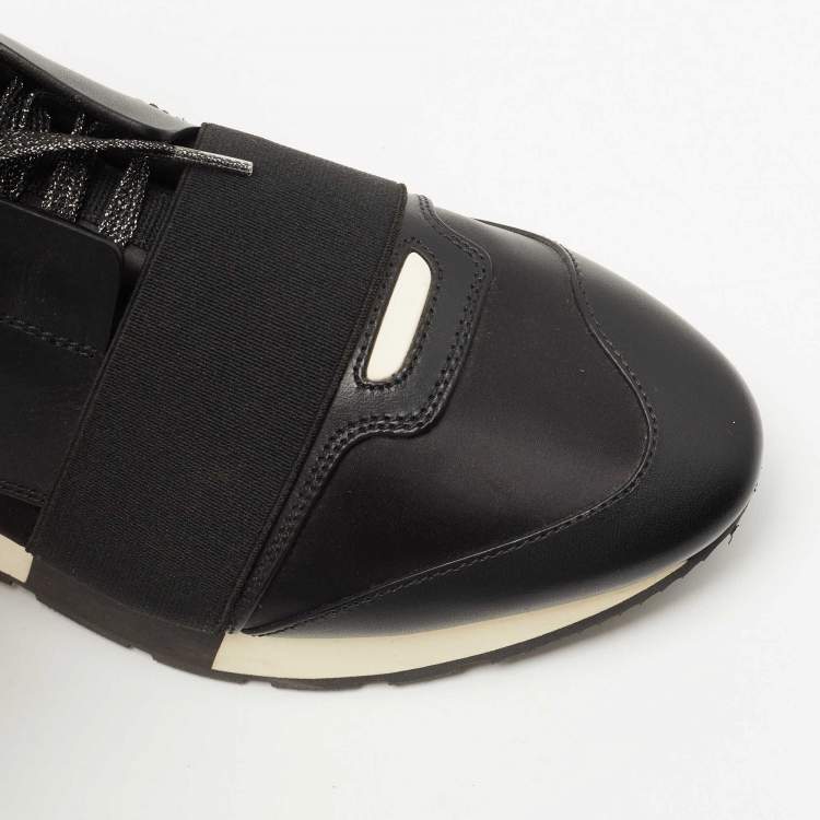 Pre Owned Balenciaga Black Leather and Satin Race Runner Sneakers Size 39