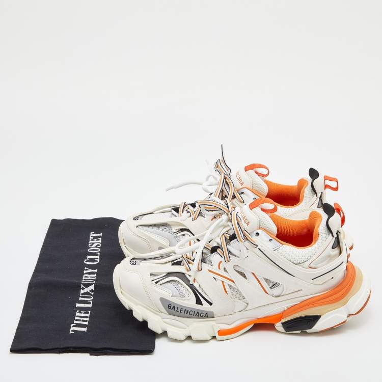 Pre Owned Balenciaga Off White/Orange Leather and Mesh Track Sneakers Size 38