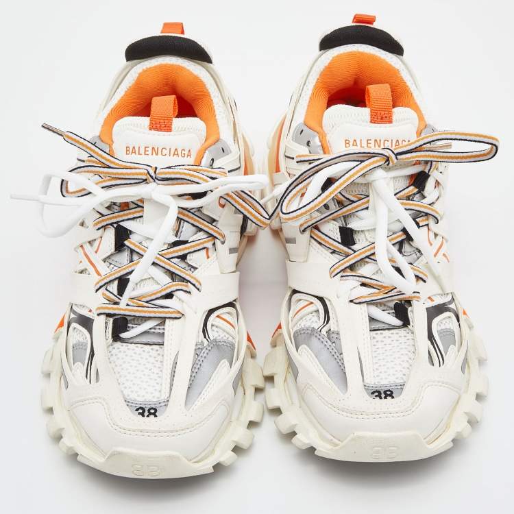 Pre Owned Balenciaga Off White/Orange Leather and Mesh Track Sneakers Size 38