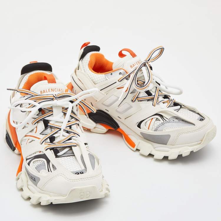 Pre Owned Balenciaga Off White/Orange Leather and Mesh Track Sneakers Size 38