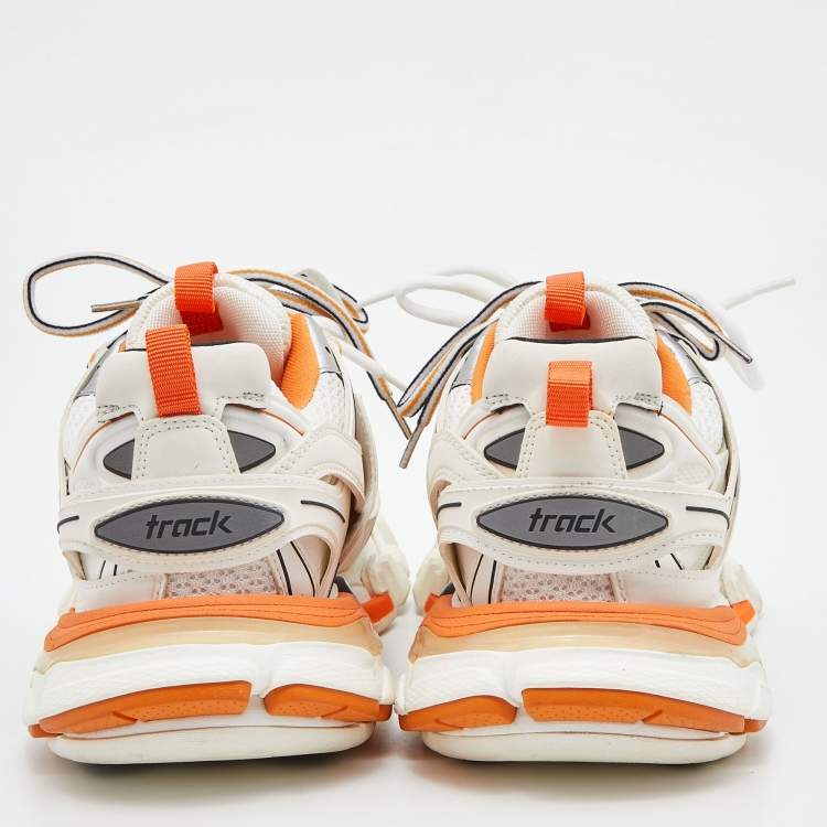 Pre Owned Balenciaga Off White/Orange Leather and Mesh Track Sneakers Size 38