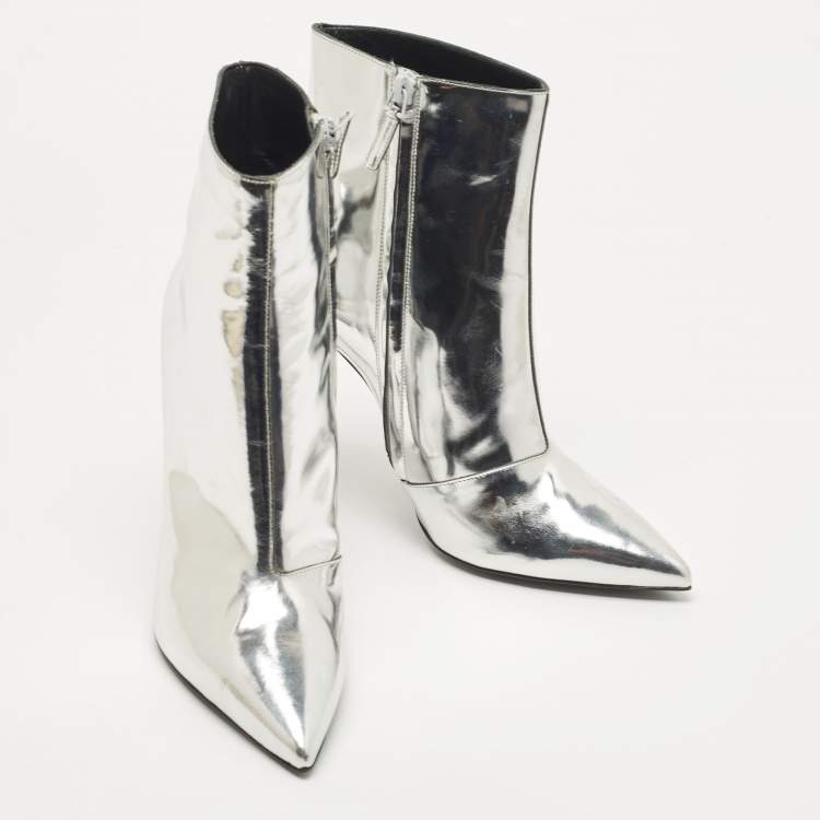 Pre Owned Balenciaga Silver Leather Ankle Booties Size 39