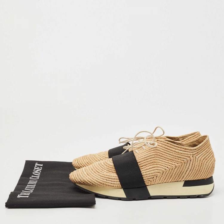 Pre Owned Balenciaga Beige Raffia Race Runner Sneakers Size 38