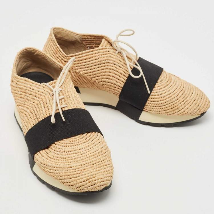 Pre Owned Balenciaga Beige Raffia Race Runner Sneakers Size 38
