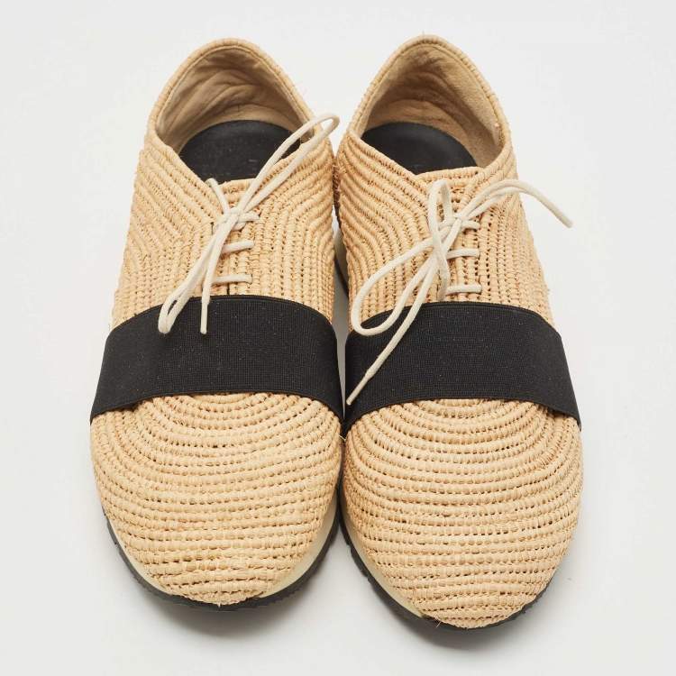 Pre Owned Balenciaga Beige Raffia Race Runner Sneakers Size 38