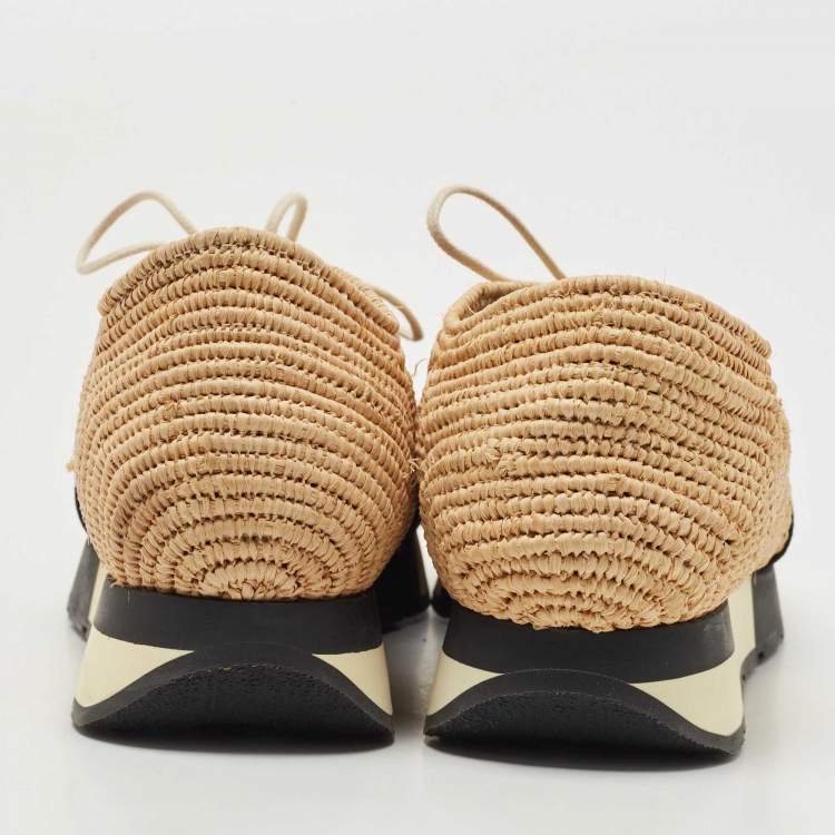 Pre Owned Balenciaga Beige Raffia Race Runner Sneakers Size 38