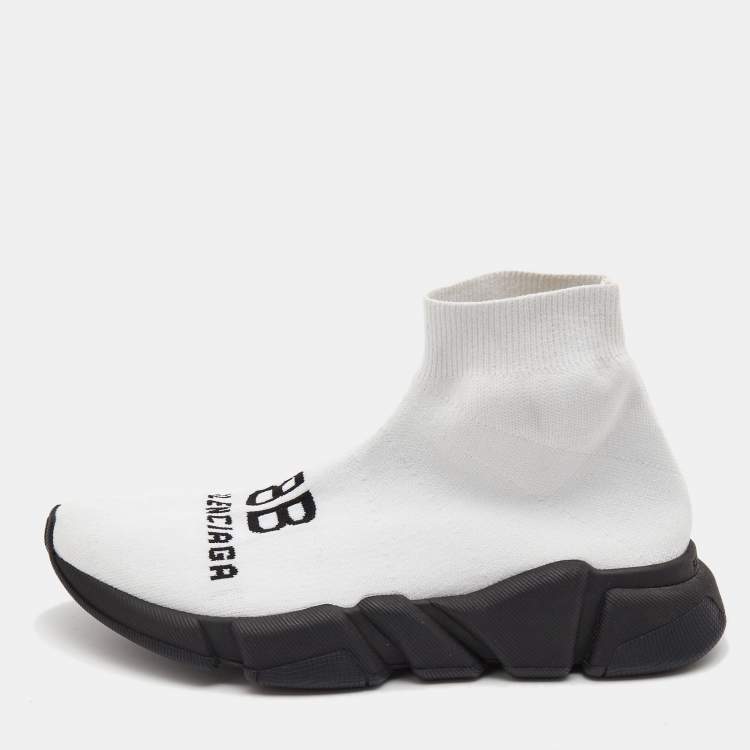 Pre Owned Balenciaga White Logo Print Knit Fabric Speed Sneakers Size 38