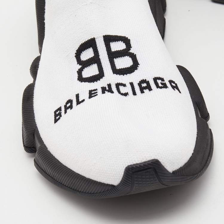 Pre Owned Balenciaga White Logo Print Knit Fabric Speed Sneakers Size 38