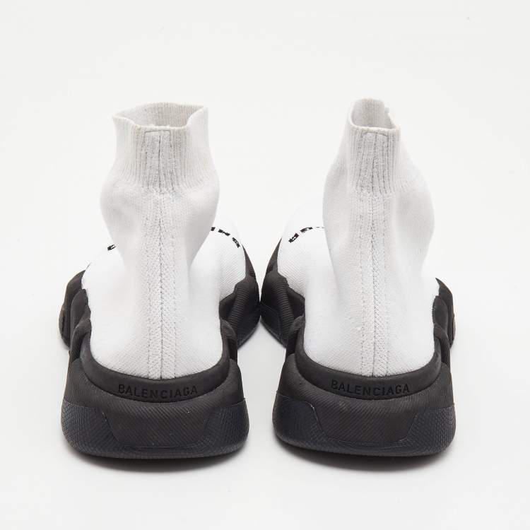 Pre Owned Balenciaga White Logo Print Knit Fabric Speed Sneakers Size 38