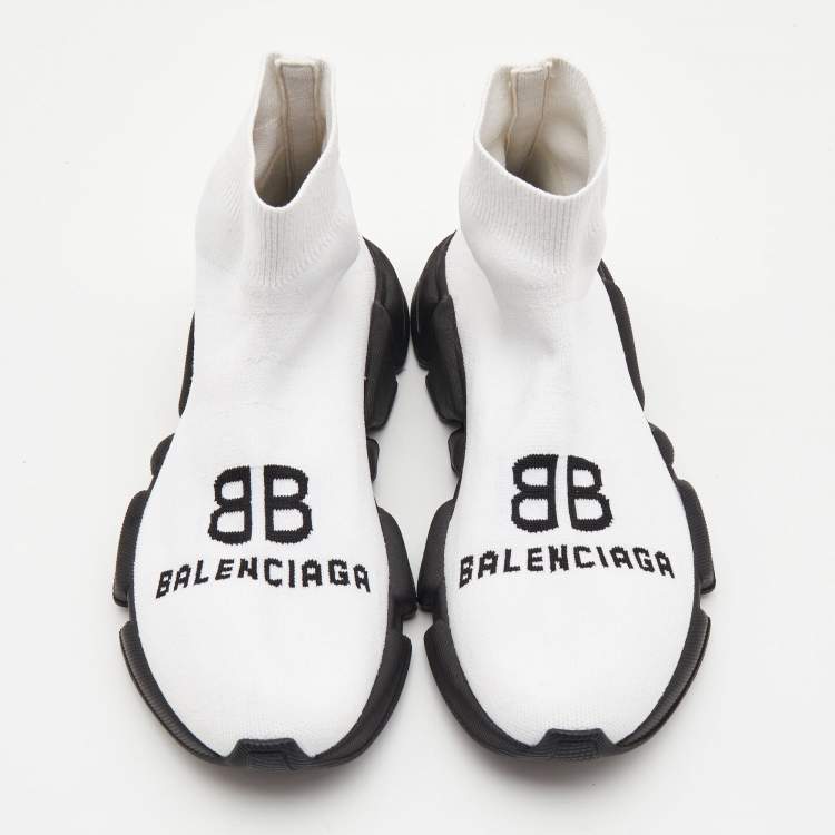 Pre Owned Balenciaga White Logo Print Knit Fabric Speed Sneakers Size 38