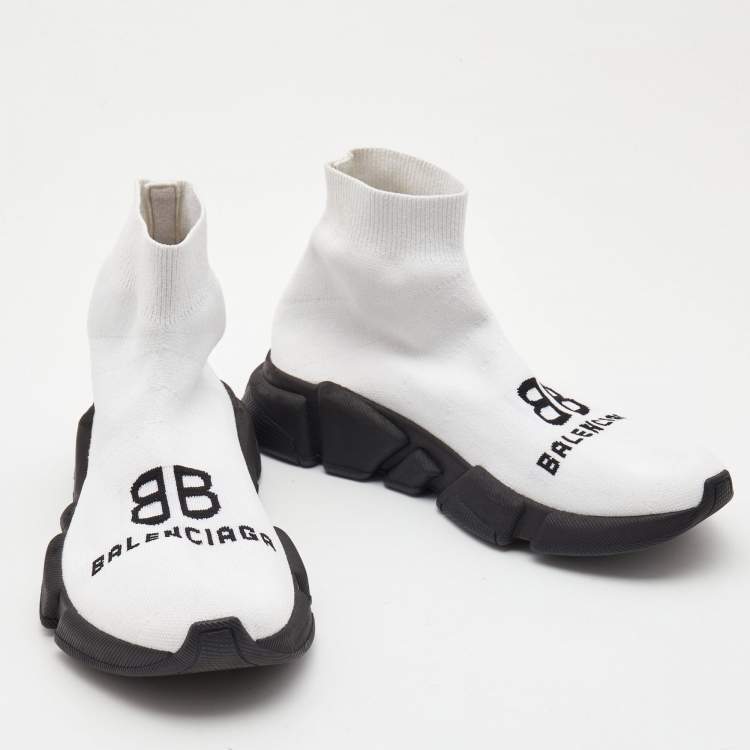 Pre Owned Balenciaga White Logo Print Knit Fabric Speed Sneakers Size 38