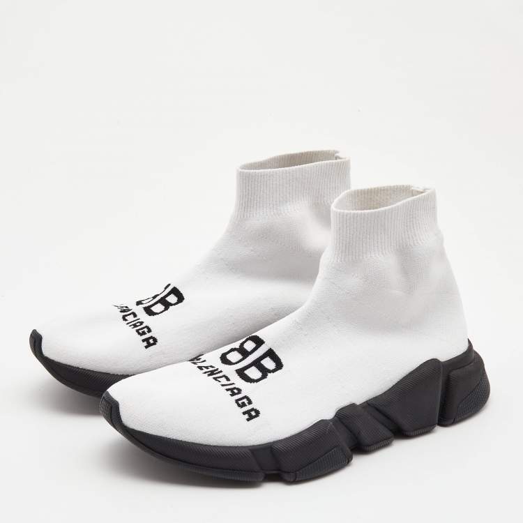 Pre Owned Balenciaga White Logo Print Knit Fabric Speed Sneakers Size 38