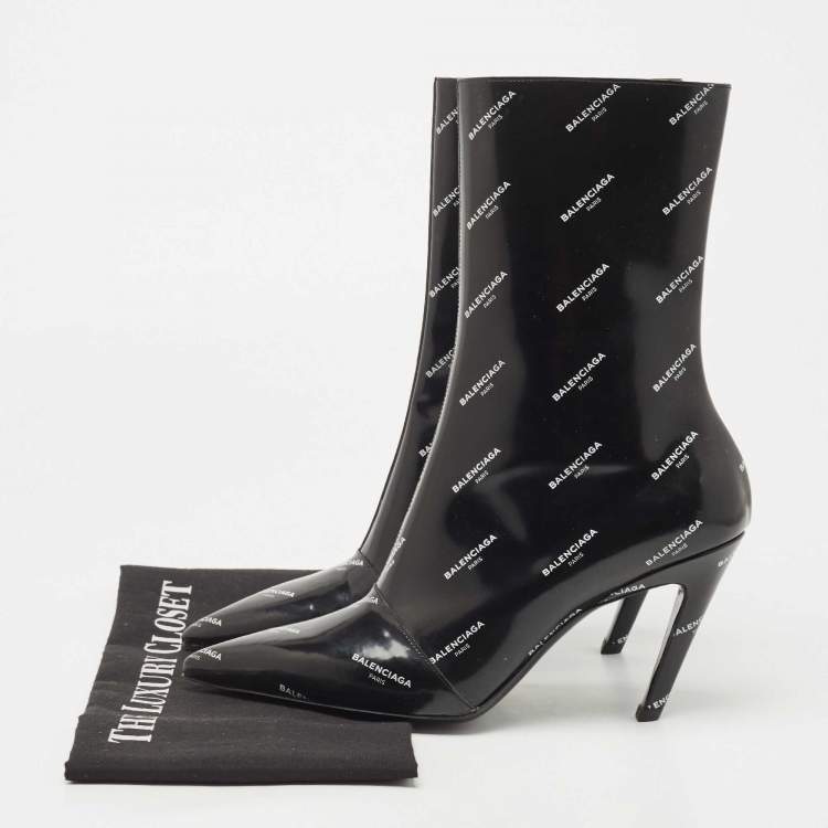 Pre Owned Balenciaga Black Leather Logo Print Booties Size 39