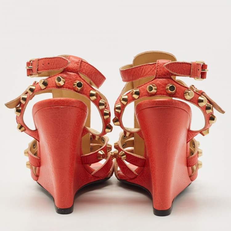 Pre Owned Balenciaga Orange Leather Arena Wedge Sandals Size 41