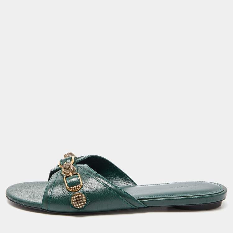 Pre Owned Balenciaga Green Leather Studded Cagole Flat Slides Size 38
