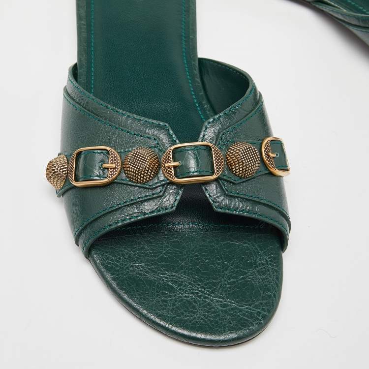 Pre Owned Balenciaga Green Leather Studded Cagole Flat Slides Size 38