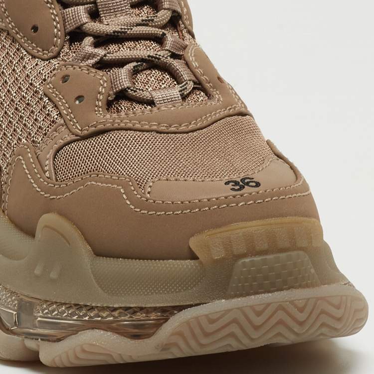 Pre Owned Balenciaga Brown Faux Leather and Mesh Triple S Low Top Sneakers Size 36