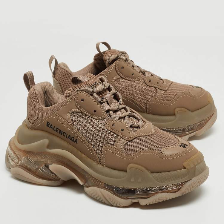 Pre Owned Balenciaga Brown Faux Leather and Mesh Triple S Low Top Sneakers Size 36