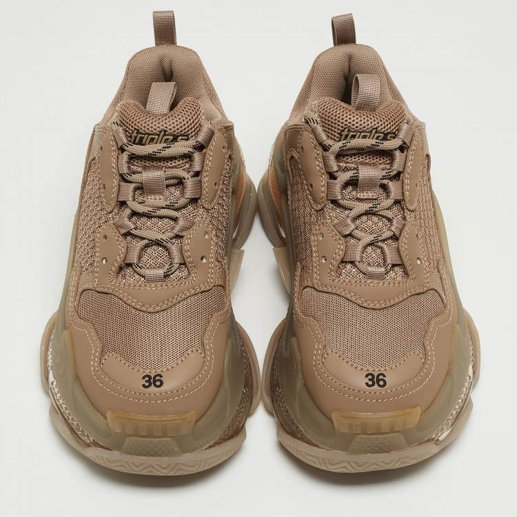 Pre Owned Balenciaga Brown Faux Leather and Mesh Triple S Low Top Sneakers Size 36