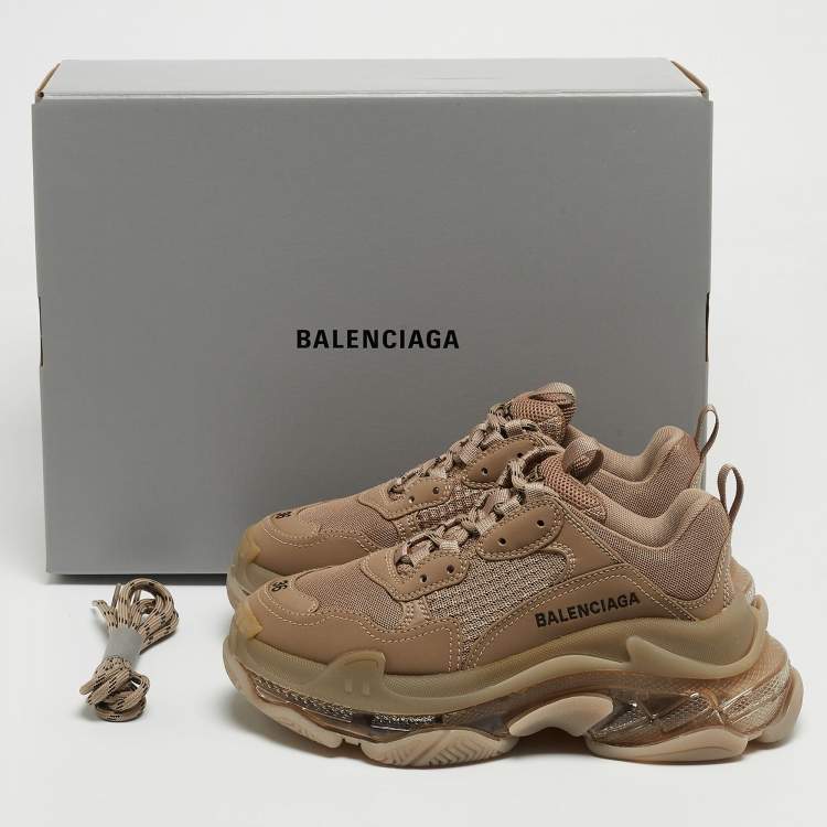 Pre Owned Balenciaga Brown Faux Leather and Mesh Triple S Low Top Sneakers Size 36
