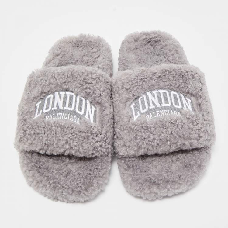 Pre Owned Balenciaga Grey Shearling Fur Flat Slides Size 40