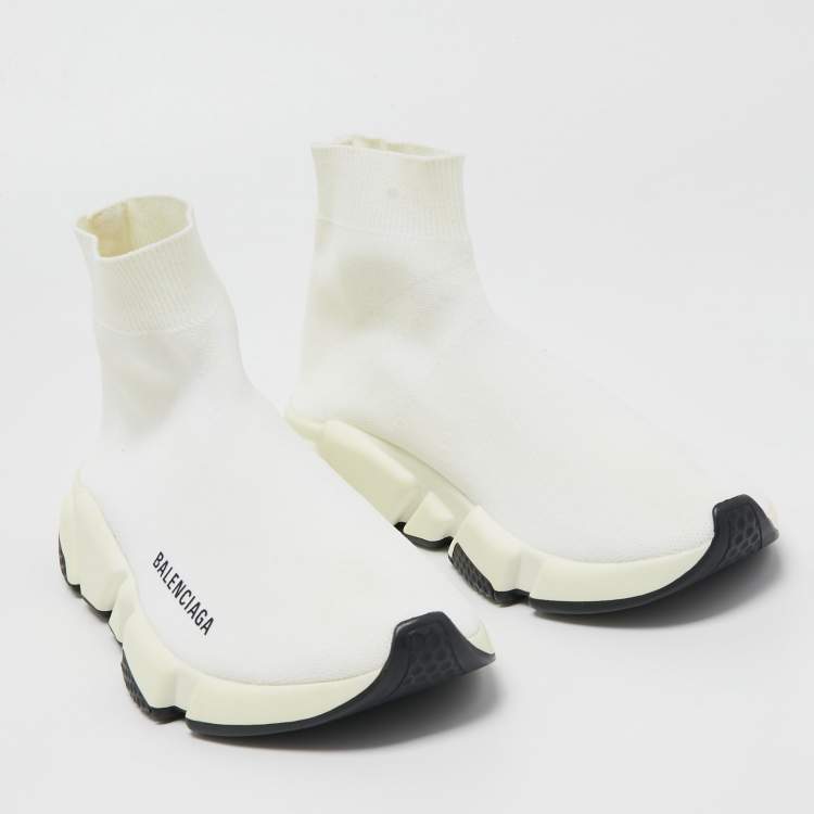 Pre Owned Balenciaga Off White Knit Fabric Speed Trainer Sneakers Size 37
