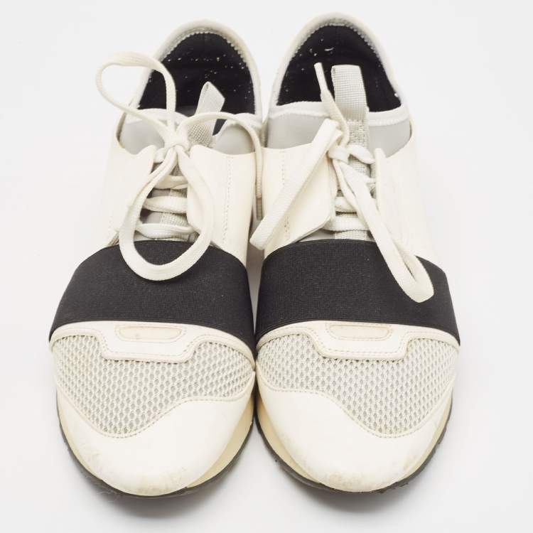 Pre Owned Balenciaga White/Grey Leather and Mesh Race Runner Sneakers Size 39