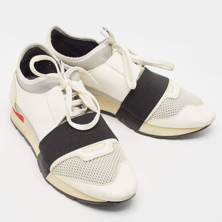 Pre Owned Balenciaga White/Grey Leather and Mesh Race Runner Sneakers Size 39