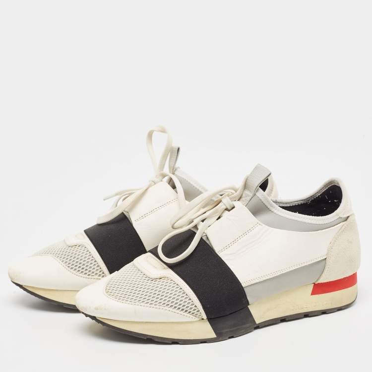 Pre Owned Balenciaga White/Grey Leather and Mesh Race Runner Sneakers Size 39
