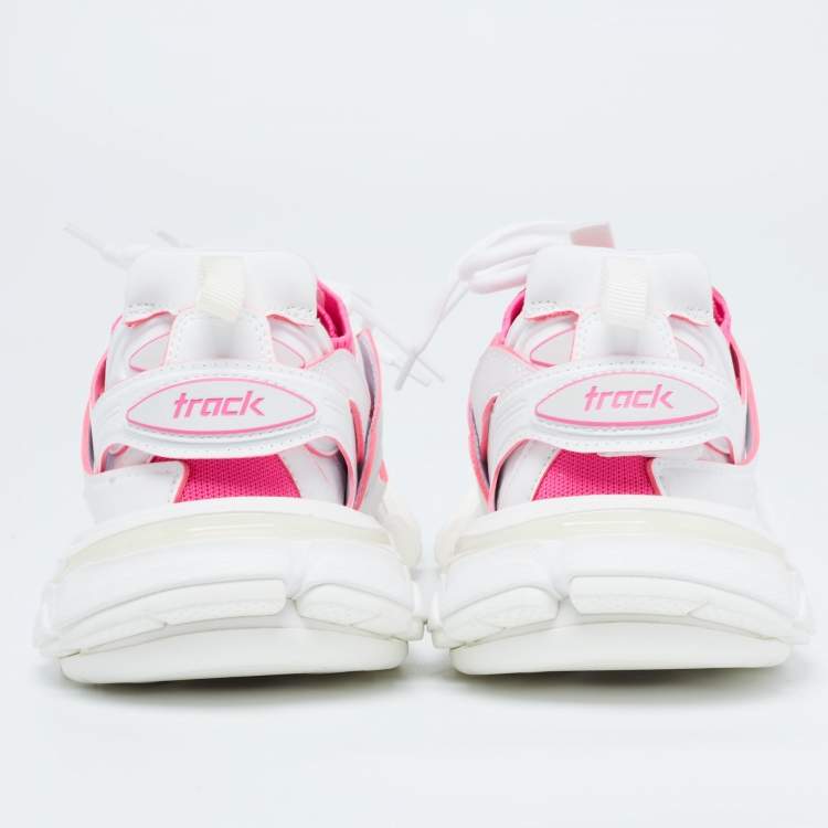Pre Owned Balenciaga White/Pink Rubber and Knit Fabric Track Sneakers Size 38