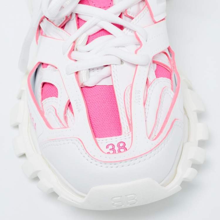 Pre Owned Balenciaga White/Pink Rubber and Knit Fabric Track Sneakers Size 38