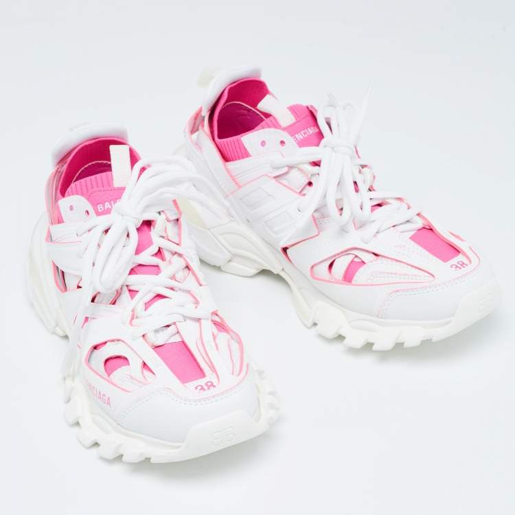 Pre Owned Balenciaga White/Pink Rubber and Knit Fabric Track Sneakers Size 38