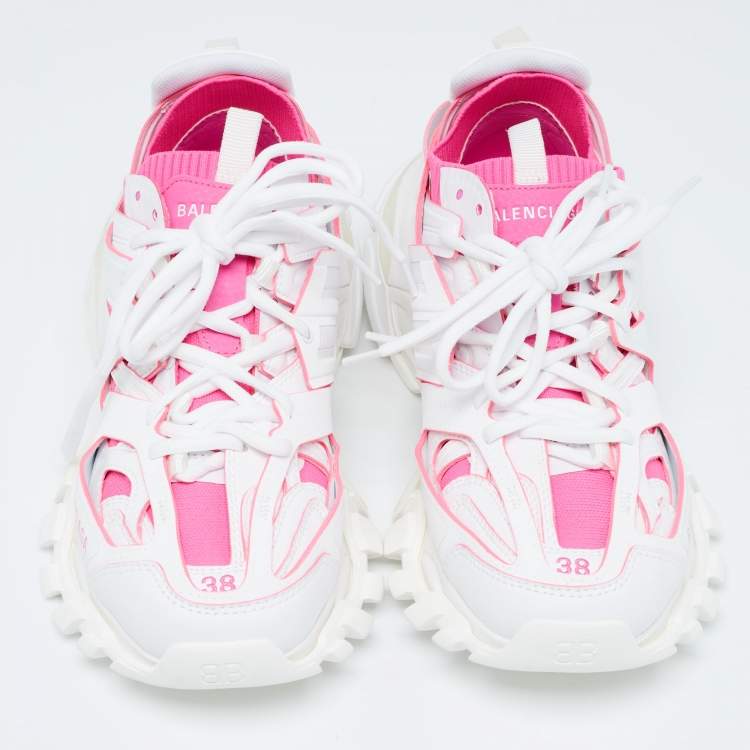 Pre Owned Balenciaga White/Pink Rubber and Knit Fabric Track Sneakers Size 38