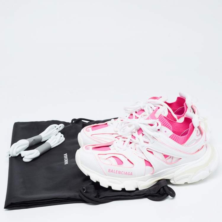 Pre Owned Balenciaga White/Pink Rubber and Knit Fabric Track Sneakers Size 38