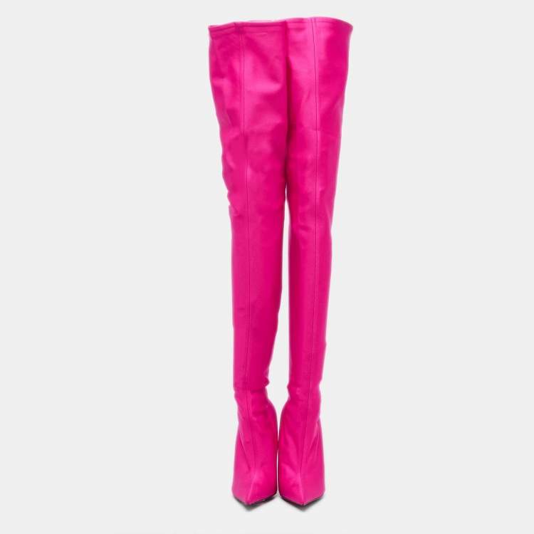 Pre Owned Balenciaga Pink Satin Knife Over The Knee  Boots Size 37