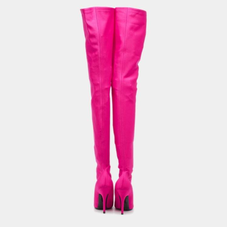 Pre Owned Balenciaga Pink Satin Knife Over The Knee  Boots Size 37