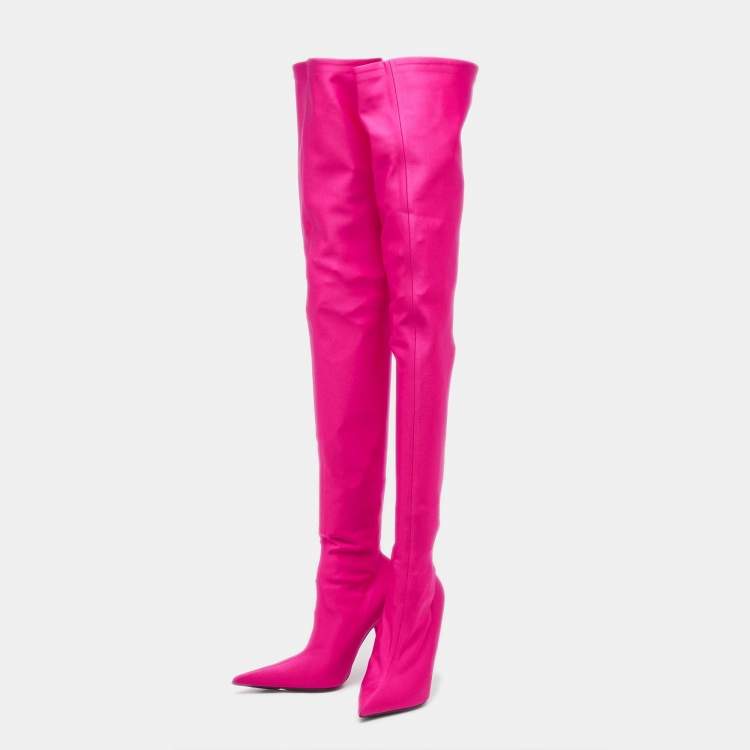Pre Owned Balenciaga Pink Satin Knife Over The Knee  Boots Size 37