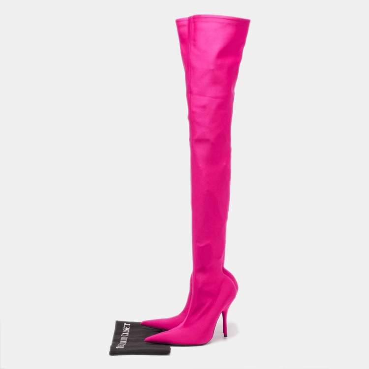 Pre Owned Balenciaga Pink Satin Knife Over The Knee  Boots Size 37