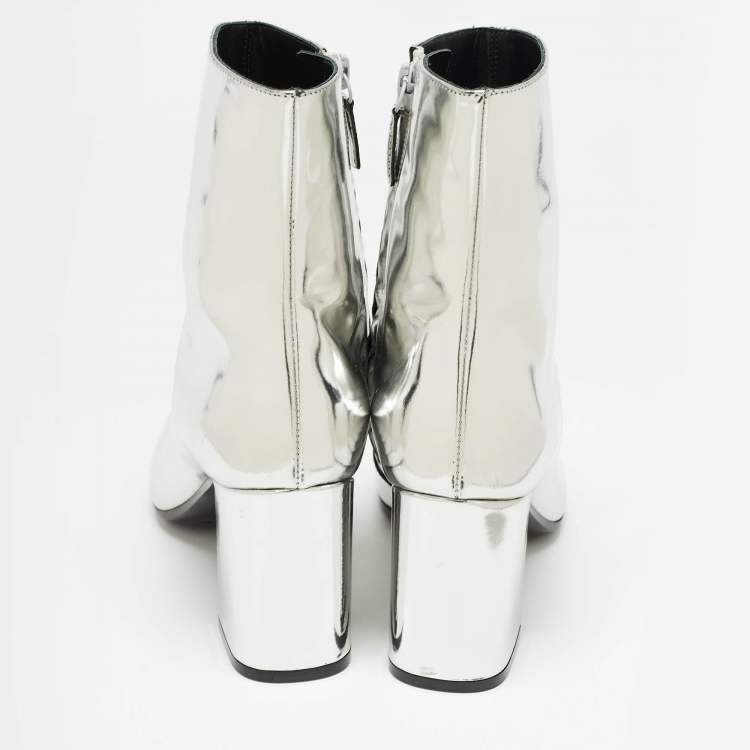 Pre Owned Balenciaga Silver Patent Leather Zip Ankle Boots Size 36