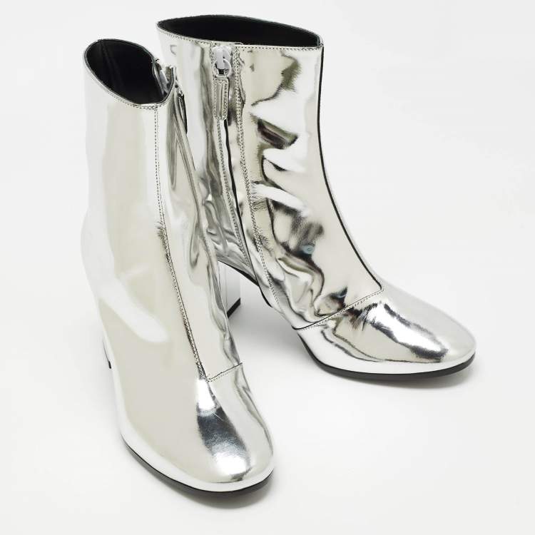 Pre Owned Balenciaga Silver Patent Leather Zip Ankle Boots Size 36