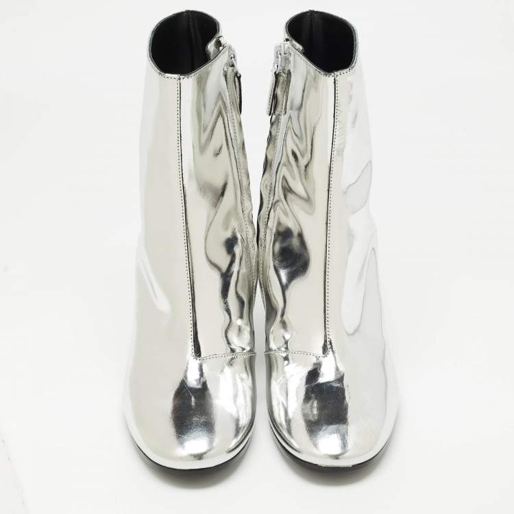 Pre Owned Balenciaga Silver Patent Leather Zip Ankle Boots Size 36