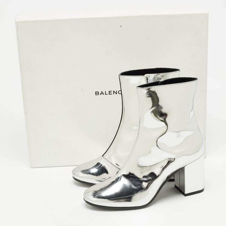 Pre Owned Balenciaga Silver Patent Leather Zip Ankle Boots Size 36
