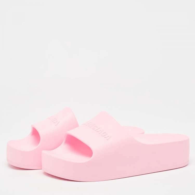 Pre Owned Balenciaga Pink Rubber Logo Chunky Slides Size 40