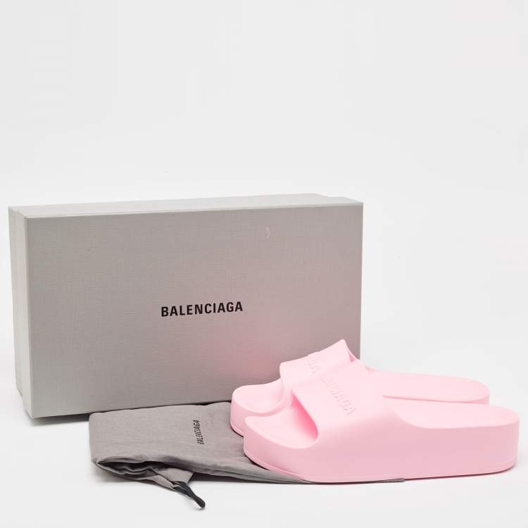 Pre Owned Balenciaga Pink Rubber Logo Chunky Slides Size 40