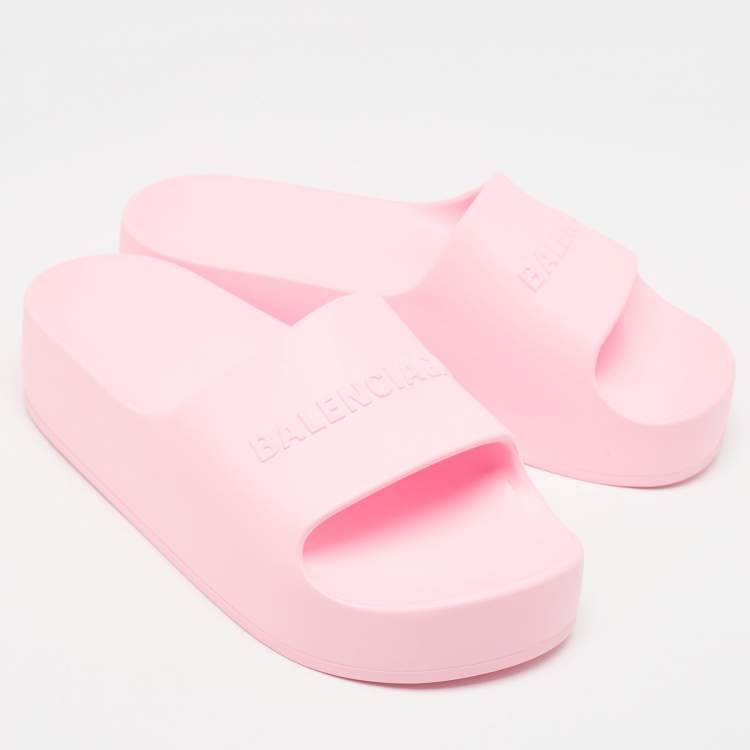 Pre Owned Balenciaga Pink Rubber Logo Chunky Slides Size 40