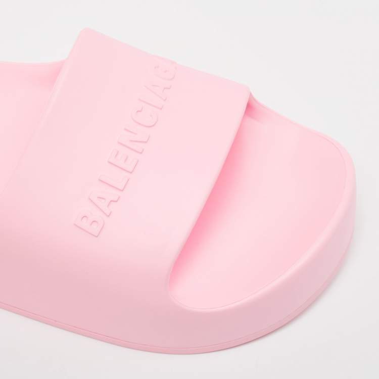 Pre Owned Balenciaga Pink Rubber Logo Chunky Slides Size 40