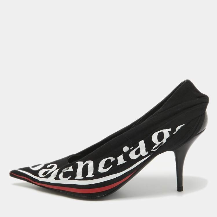 Pre Owned Balenciaga Black Logo Print Fabric Knife Pumps Size 37