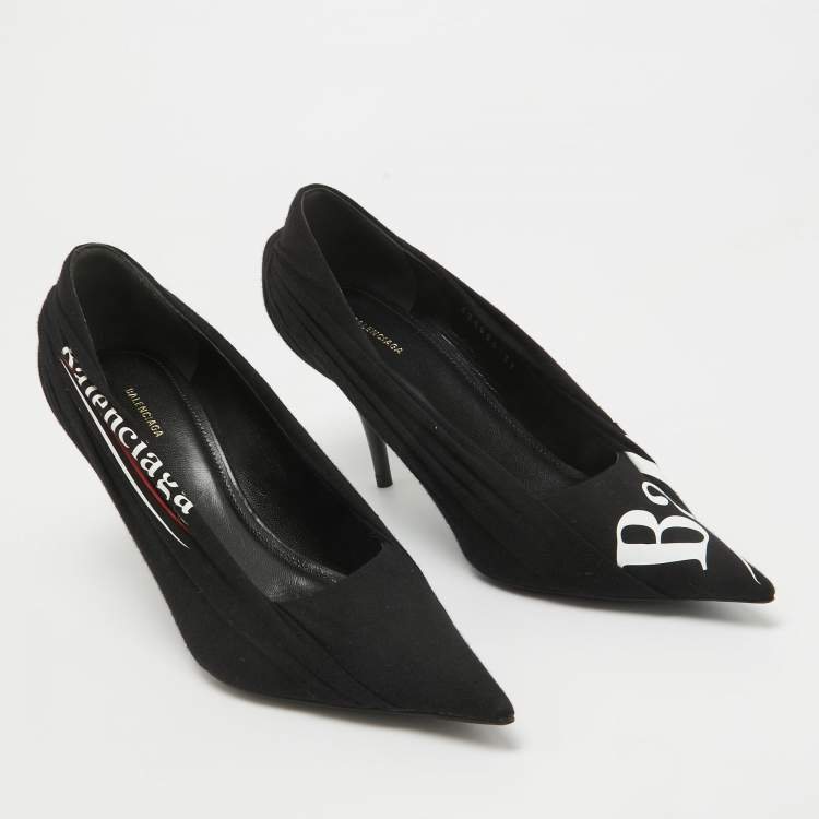 Pre Owned Balenciaga Black Logo Print Fabric Knife Pumps Size 37