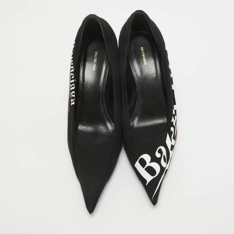 Pre Owned Balenciaga Black Logo Print Fabric Knife Pumps Size 37