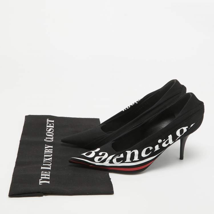 Pre Owned Balenciaga Black Logo Print Fabric Knife Pumps Size 37